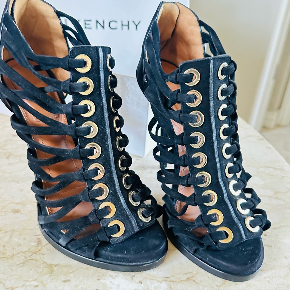 $1,395 GIVENCHY Zenaide black suede, high heel sandals, size 8.5